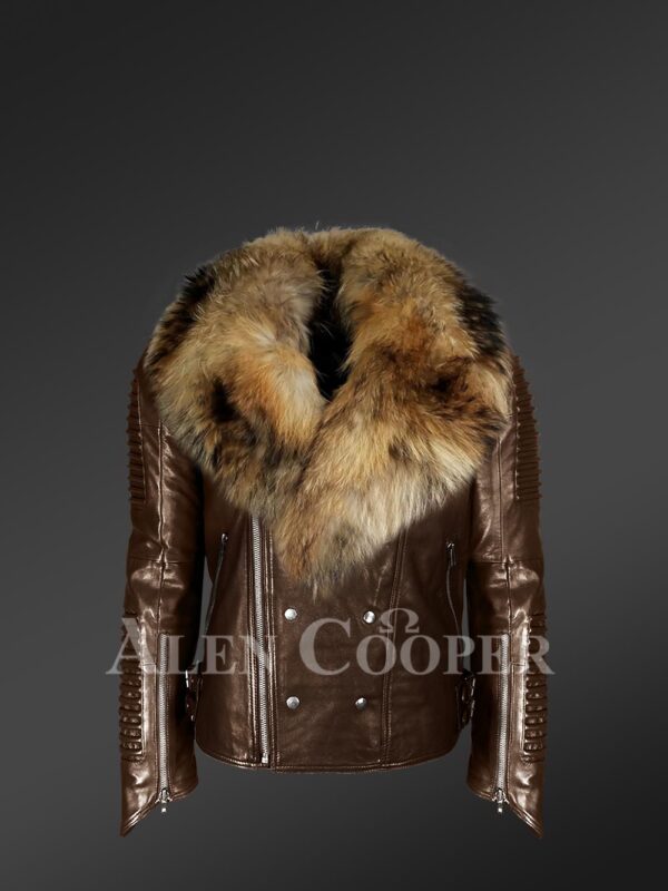 Brown Leather Jacket With Fur Collar For Men - Image 3