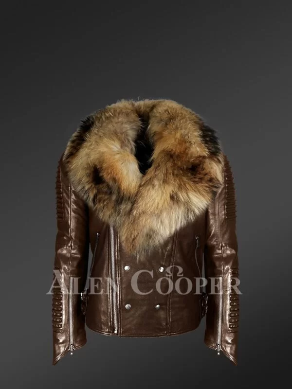 Brown Leather Jacket With Fur Collar For Men - Image 3