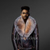 Coffee leather jacket with Crystal fox fur collar for men