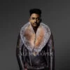 Coffee leather jacket with Crystal fox fur collar for men