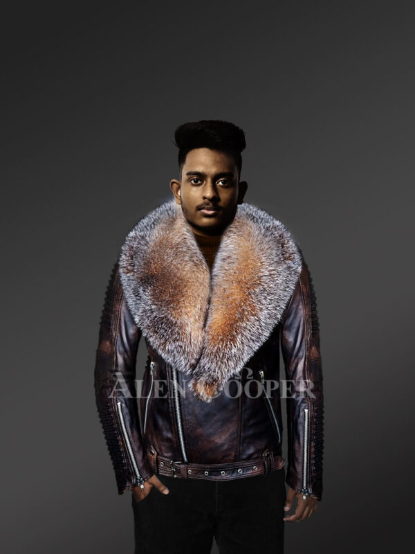 Coffee leather jacket with Crystal fox fur collar for men