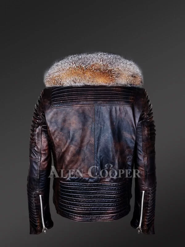 Coffee Leather Jacket with Crystal Fox Fur Collar for Men - Image 4