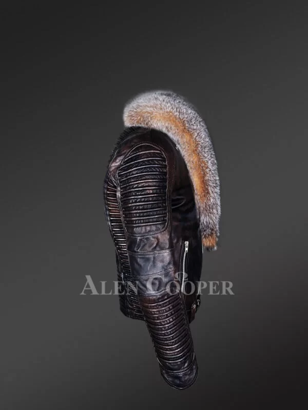 Coffee Leather Jacket with Crystal Fox Fur Collar for Men - Image 3