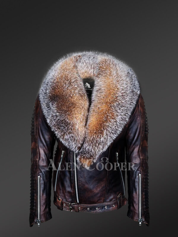 Coffee Leather Jacket with Crystal Fox Fur Collar for Men - Image 2