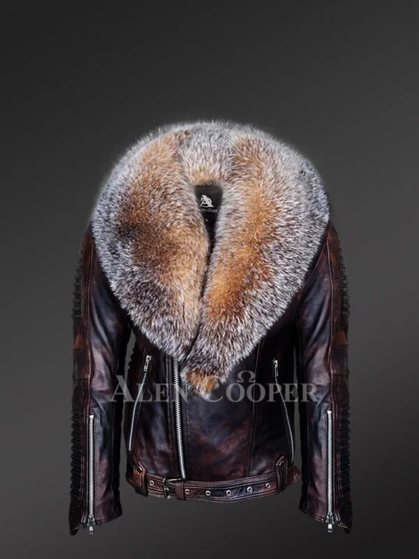 Coffee Leather Jacket with Crystal Fox Fur Collar for Men - Image 2