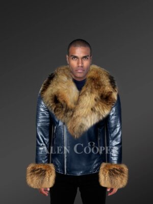 Cool Blue Leather Biker Jacket With Fox Fur Hood And Cuffs