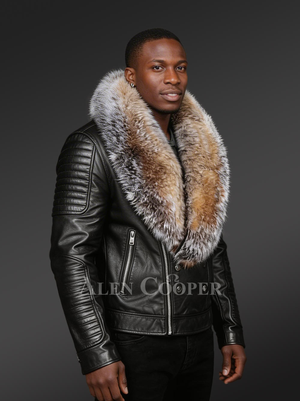 All-Occasion Detachable Scandinavian Crystal Fox Fur Biker Jackets for Men - Image 3
