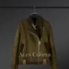 Distressed Olive Green Sheepskin Shearling Jacket For Women