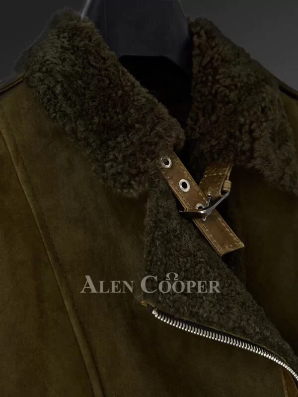 Distressed Olive Green Sheepskin Shearling Jacket for Women - Image 2
