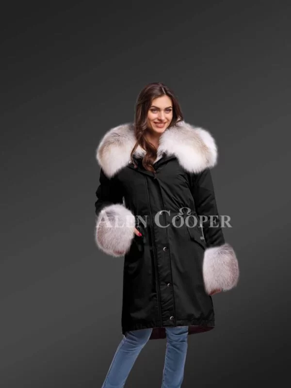Dressing Code For Ladies with Blue Frost Fox Fur Hybrid Black Parka Convertibles with Fox Liner - Image 5