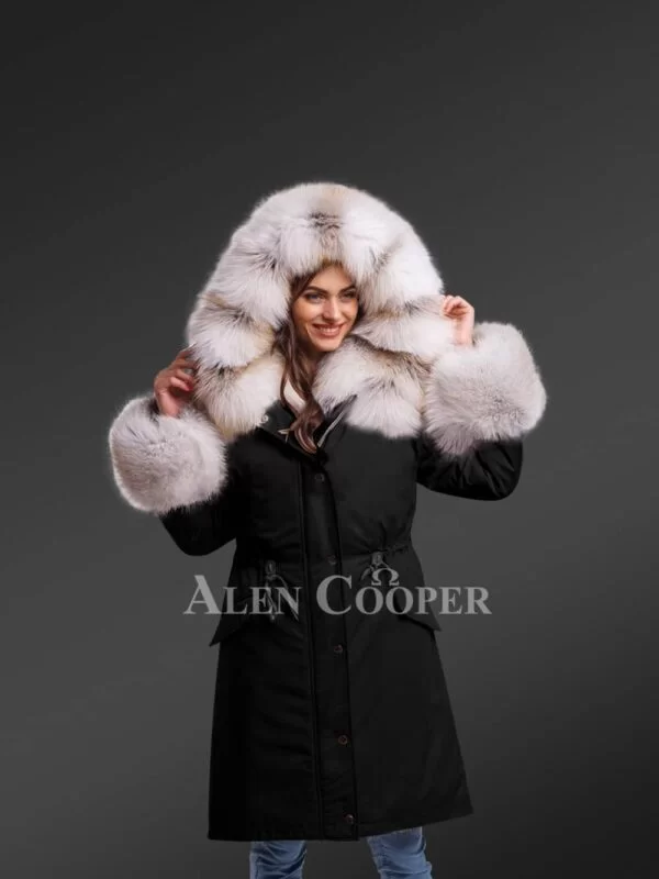 Dressing Code For Ladies with Blue Frost Fox Fur Hybrid Black Parka Convertibles with Fox Liner - Image 2
