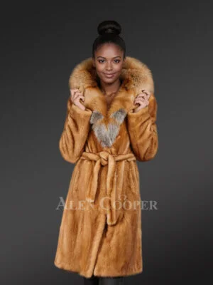 Golden Mink Fur Coat with Red Fox Fur Trim Collar for Women