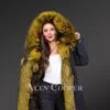 Elegant long black parka with fur front line and hood for women