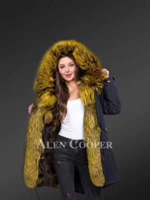 Elegant long black parka with fur front line and hood for women