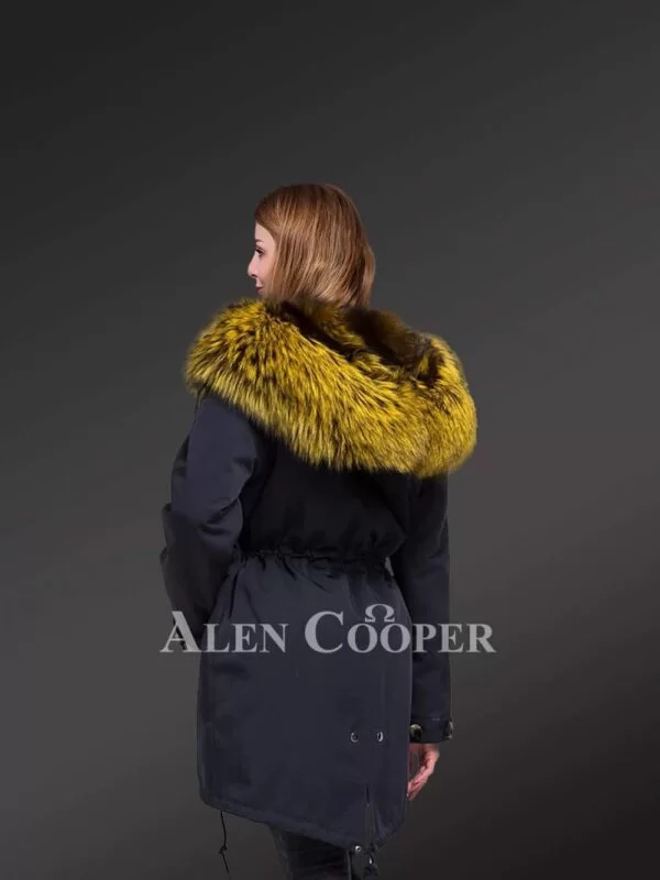 Elegant Long Black Parka with Fur Front Line and Hood for Women - Image 3