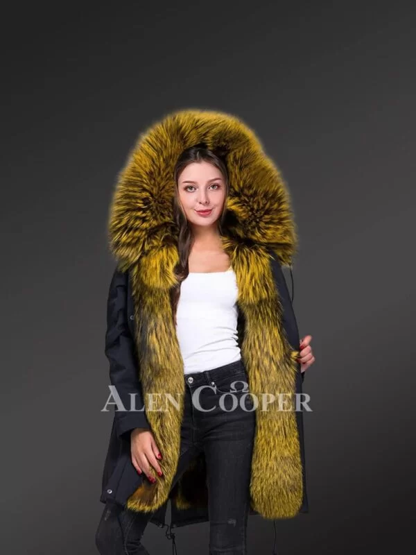 Elegant Long Black Parka with Fur Front Line and Hood for Women - Image 2