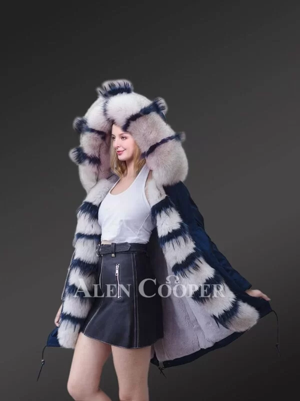 Women’s Fox Fur Long Parka with Stylish Frontline and Hood - Image 3