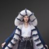 Elegant navy blue winter parka with fox fur hood and frontline for womens