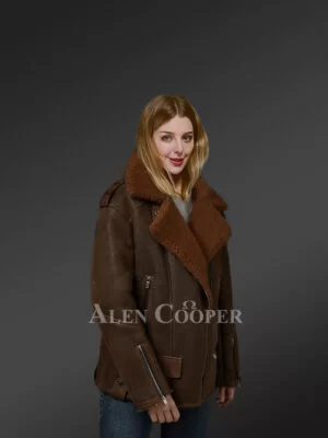 Elegant version of genuine brown shearling coats for ladies