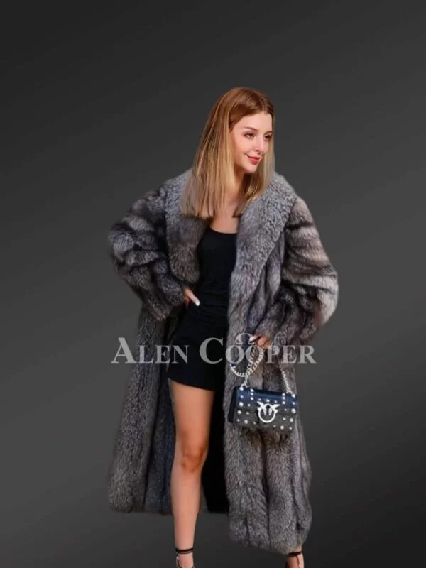 Long silver fox A-line Coat For Women - Image 4
