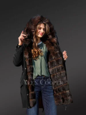 Exotic Arctic Fox Fur Black Parka for Women