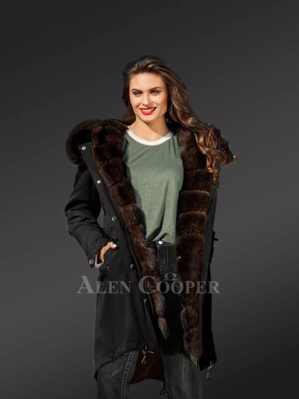 Exotic Arctic Fox Fur Black Parka for Women's