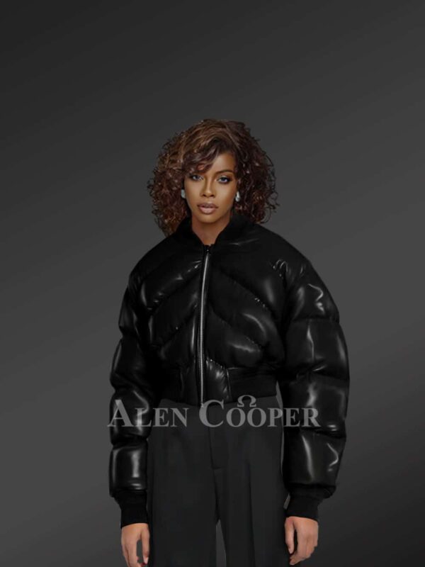 Exotic Black Leather Bomber Jacket for Women