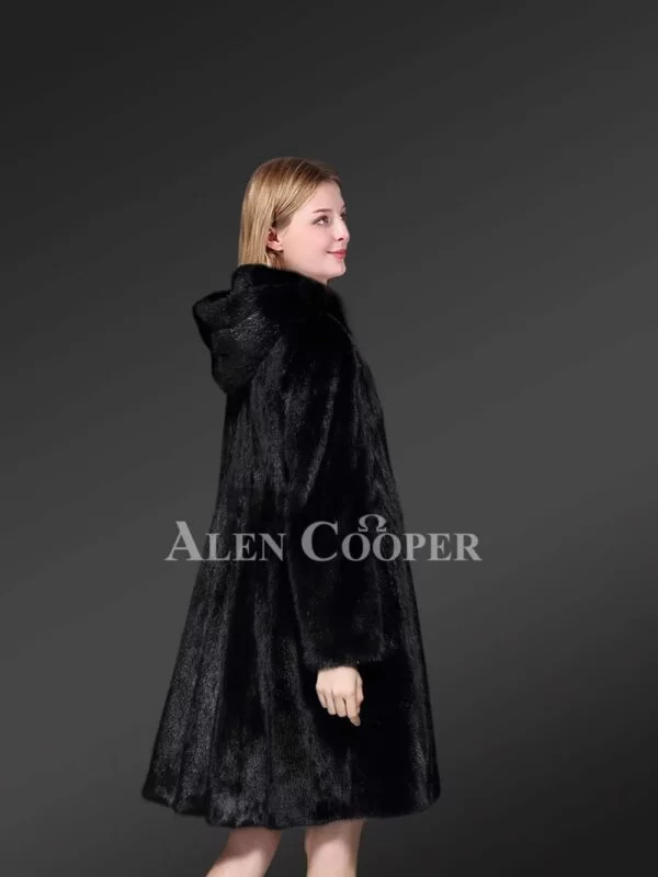 Black Mink Fur Coat for Women with the Protection of Hood & a Dressy Look - Image 6
