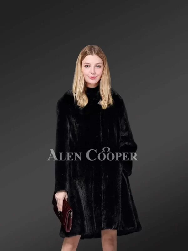 Black Mink Fur Coat for Women with the Protection of Hood & a Dressy Look - Image 3
