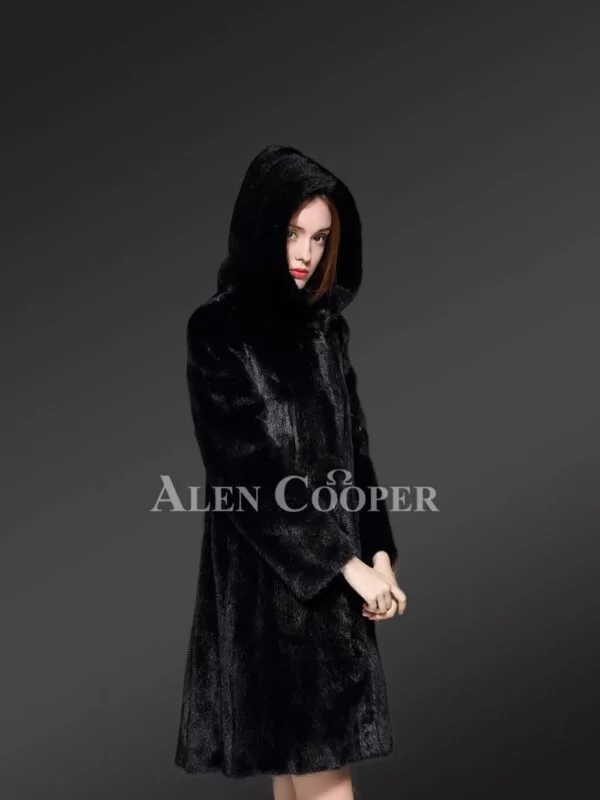 Black Mink Fur Coat for Women with the Protection of Hood & a Dressy Look - Image 5