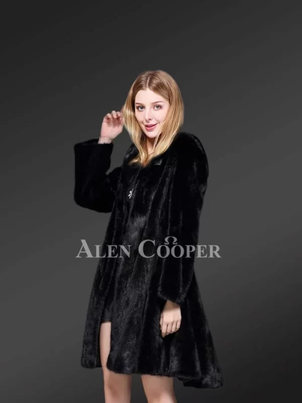 Black Mink Fur Coat for Women with the Protection of Hood & a Dressy Look - Image 4