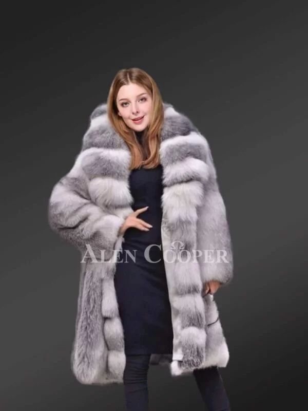 Long Finland Blue Fox Fur Coat