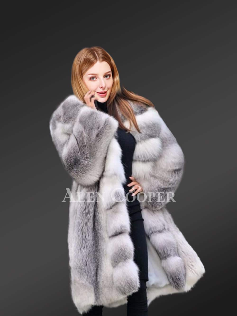Long Finland Blue Fox Fur Coat for Women