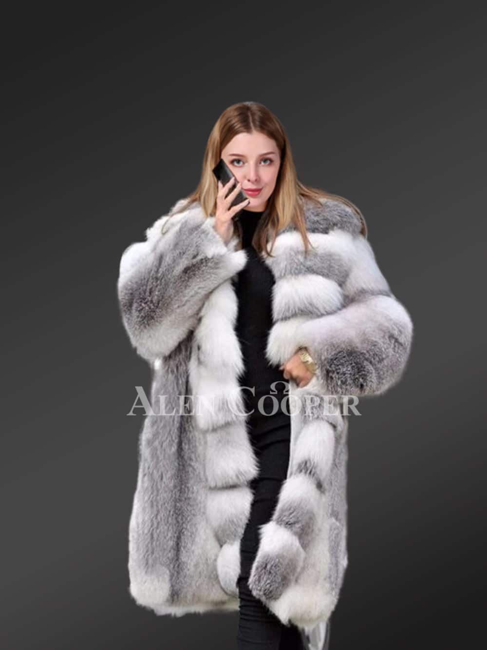 Long Finland Blue Fox Fur Coat for Women