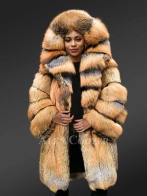 Fox Fur Trench Coat with Wide Hood