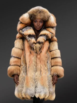 Fox Fur Trench Coat with Wide Hood