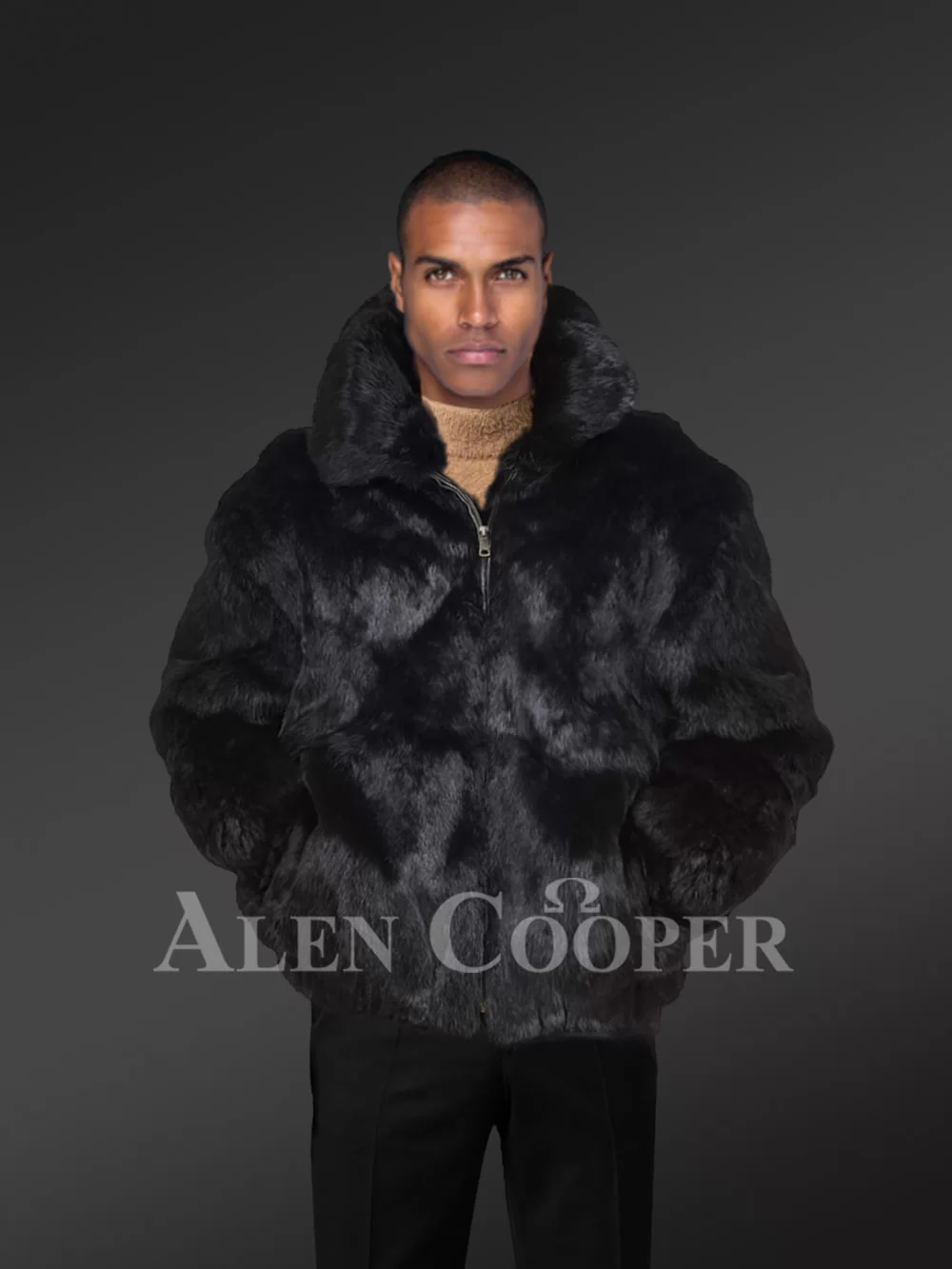 Alen Cooper Rabbit Fur Bomber for Men with Hood