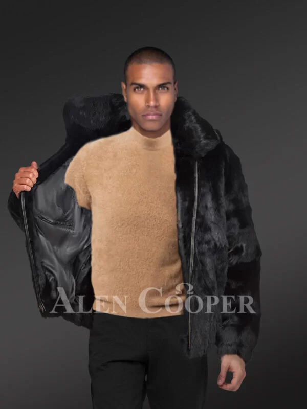 Men’s Authentic Baggy Rabbit Fur Coat with Detachable Hood in Black - Image 4
