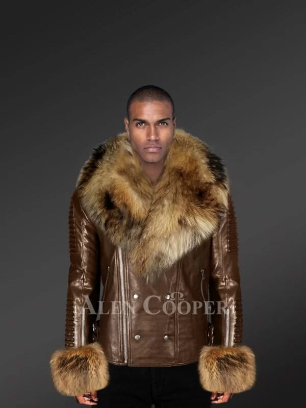 Genuine Leather Jacket For Men With Raccoon Fur Collar And Handcuffs