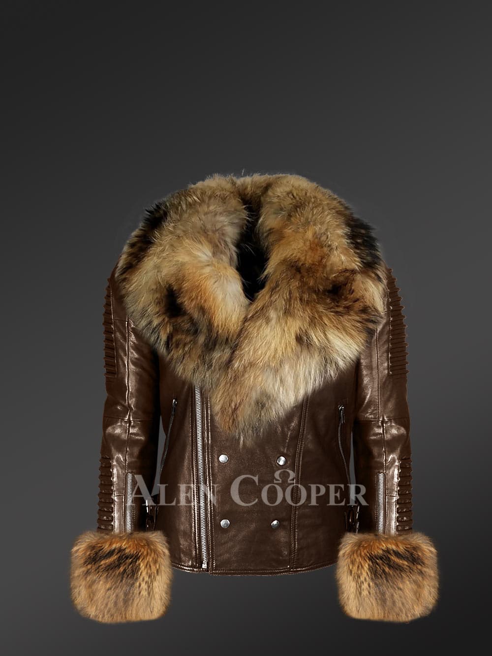 Genuine Leather Jacket For Men With Raccoon Fur Collar And Handcuffs