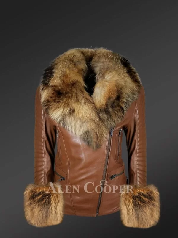 Genuine Tan Leather Jackets For With Fur on Collar & on Cuffs - Image 3