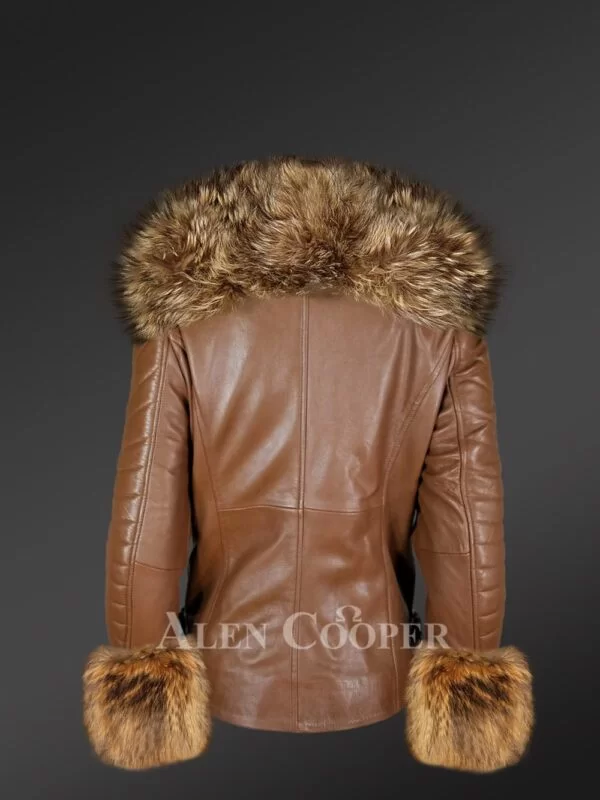 Genuine Tan Leather Jackets For With Fur on Collar & on Cuffs - Image 5
