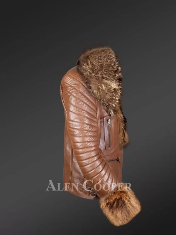 Genuine Tan Leather Jackets For With Fur on Collar & on Cuffs - Image 4