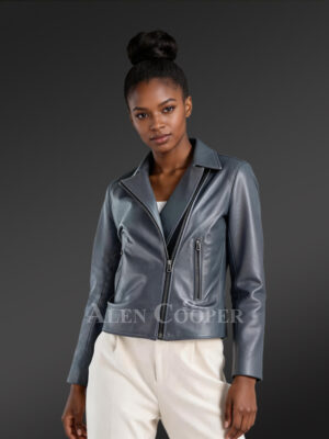 Genuine Leather Jackets in Grey for Tasteful Women with Straight Hemline