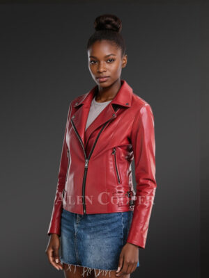 Genuine Leather Jackets in Red for Tasteful Women Is a Biker-Style Winter Outfit