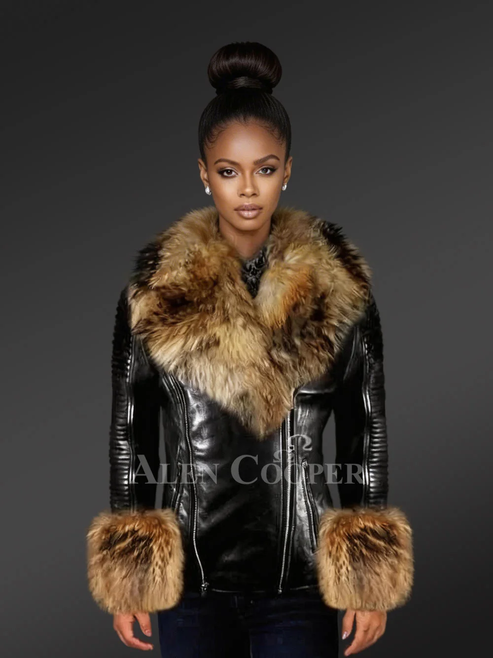 Genuine Leather Jackets with Detachable Fur Collar and Handcuffs