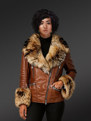 Genuine Tan Leather Jackets For With Fur on Collar & on Cuffs