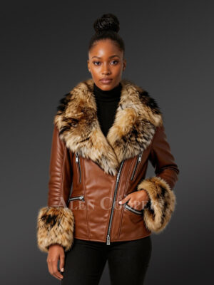 Genuine Tan Leather Jackets For With Fur on Collar & on Cuffs