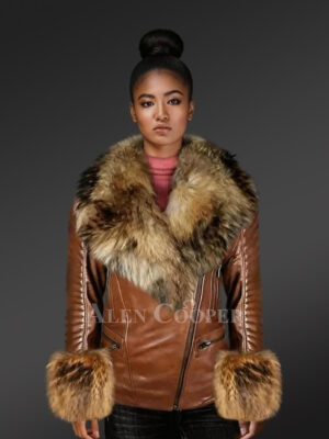 Genuine Tan Leather Jackets For With Fur on Collar & on Cuffs