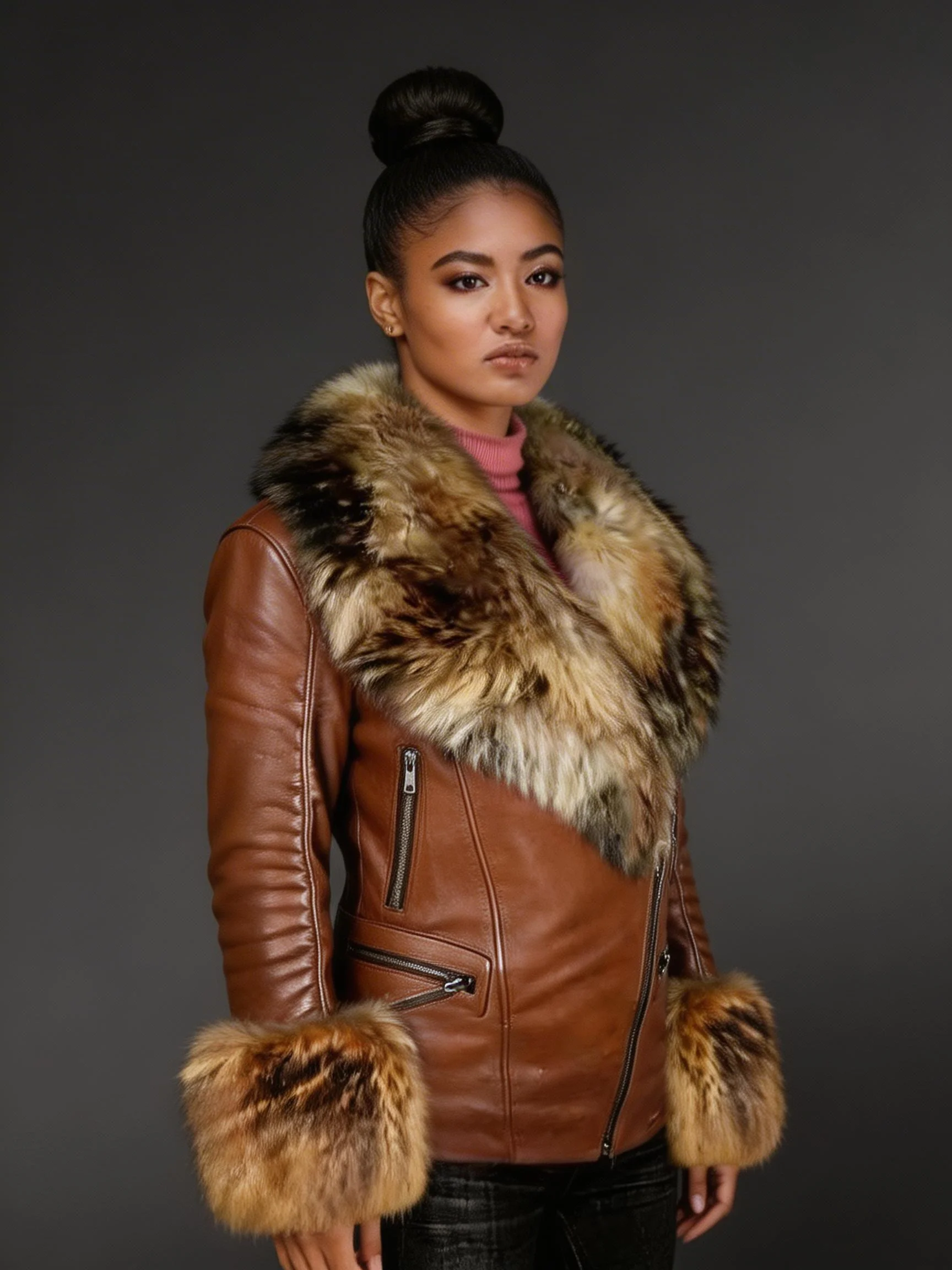 Genuine Tan Leather Jackets For With Fur on Collar & on Cuffs - Image 2